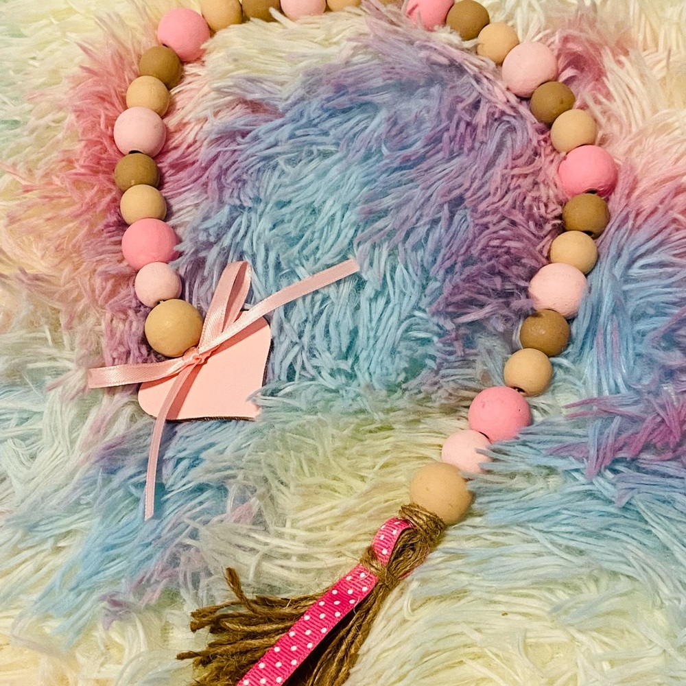 Pink White Tan Wood Bead Garland Decor